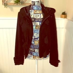 Heavy black hooded jacket with zipper and straps